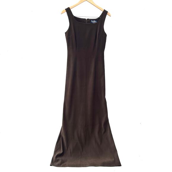 Vintage Bisou Bisou 90s Chocolate Brown Column Maxi Dress 8 Michele Bohbot - Picture 2 of 9